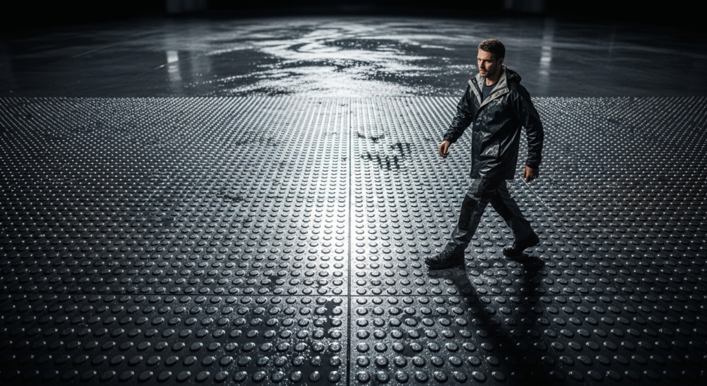 A person walking on textured safety flooring, demonstrating enhanced grip in wet conditions.