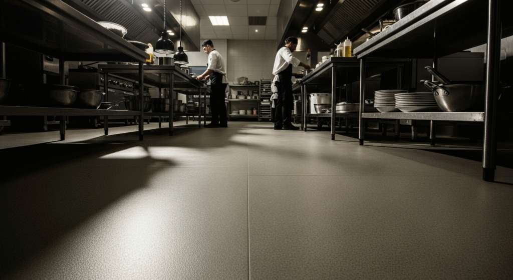 Durable, slip-resistant safety vinyl flooring in a busy commercial kitchen.