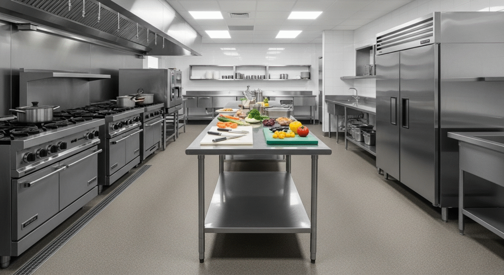 Slip-resistant flooring in a commercial kitchen ensuring safety.
