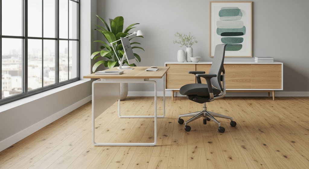 Stylish safety flooring with a wood-grain effect in a contemporary office.